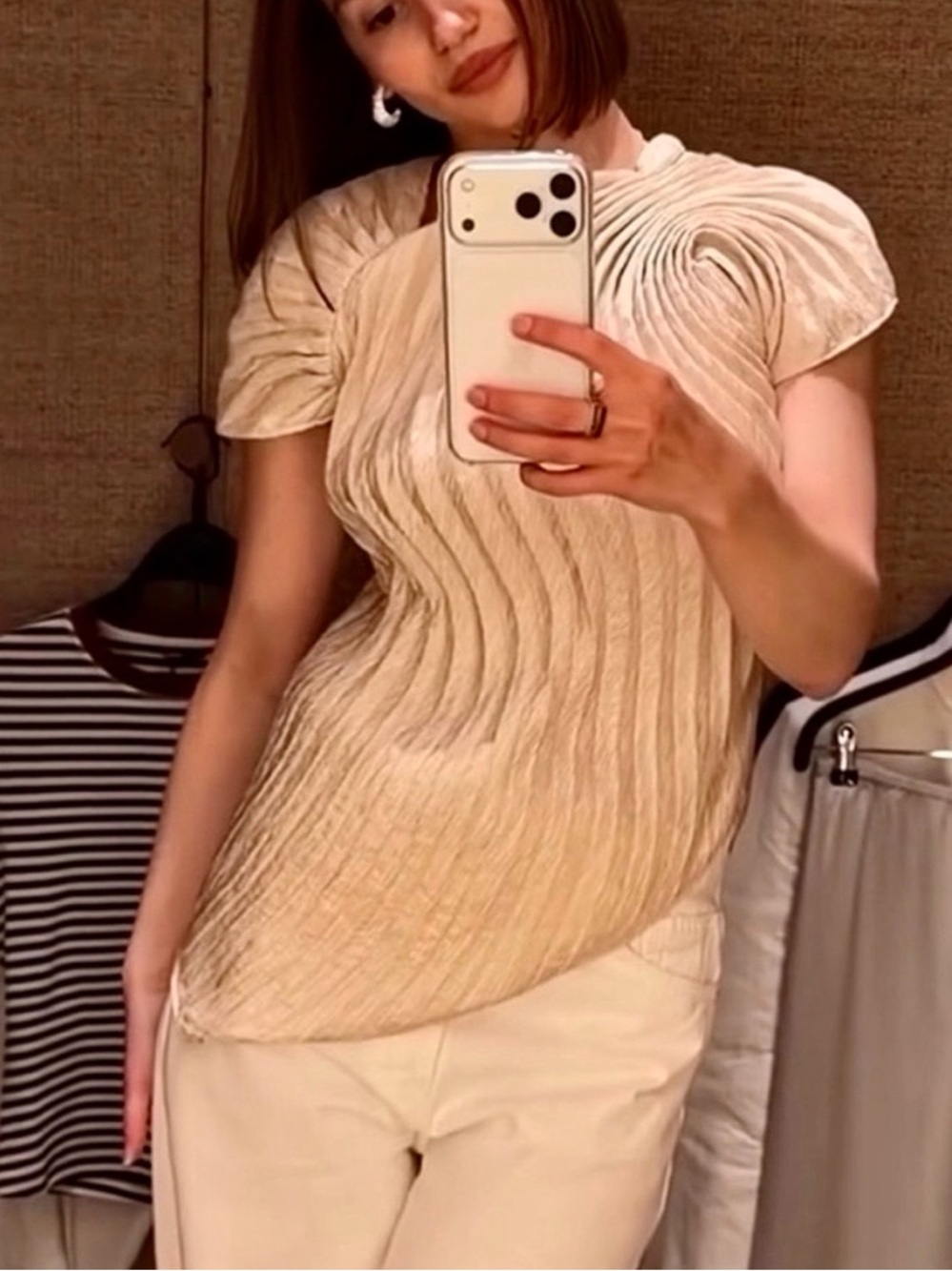 Zara NWT ZW COLLECTION luxurious Pleated Short Sleeve champagne cream formal Top - Picture 4 of 13
